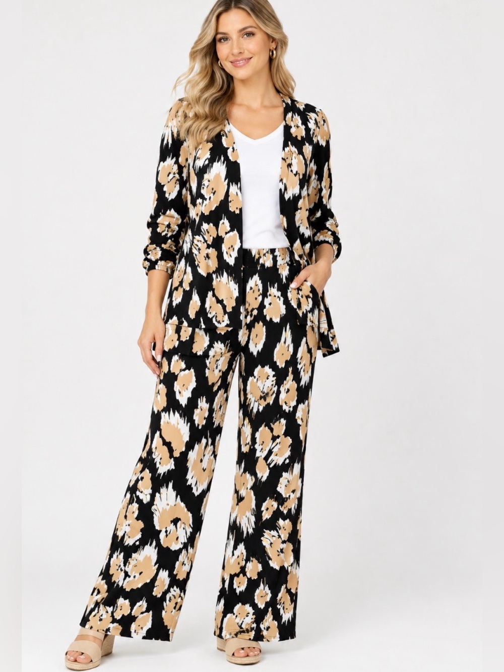 NWT IMAN Global Chic Print Black and Tan Two-Piece Pant Set